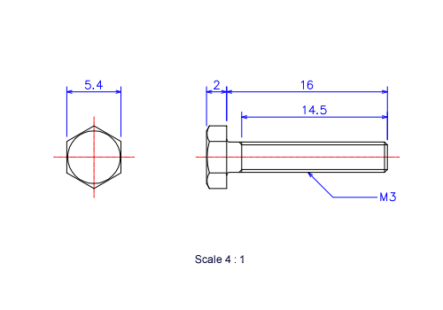 六角ボルトM3x16Lメートルタイプ（図面）
