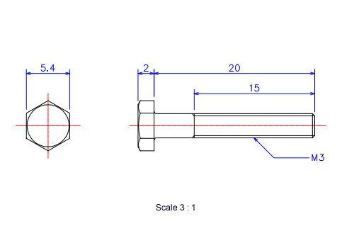 六角ボルトM3x20Lメートルタイプ（図面）