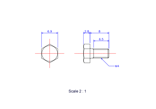 六角ボルトM4x8Lメートルタイプ（図面）