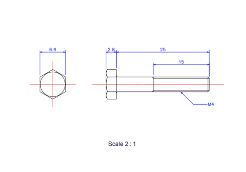 六角ボルトM4x25Lメートルタイプ（図面）