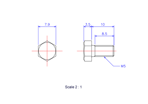 六角ボルトM5x10Lメートルタイプ（図面）