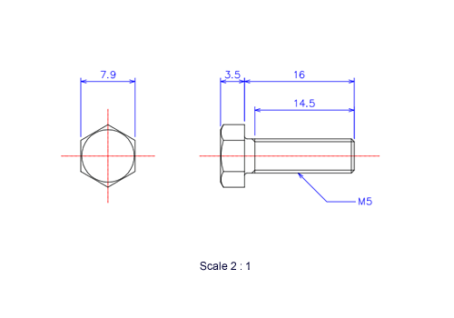 六角ボルトM5x16Lメートルタイプ（図面）