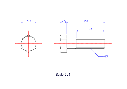 六角ボルトM5x20Lメートルタイプ（図面）