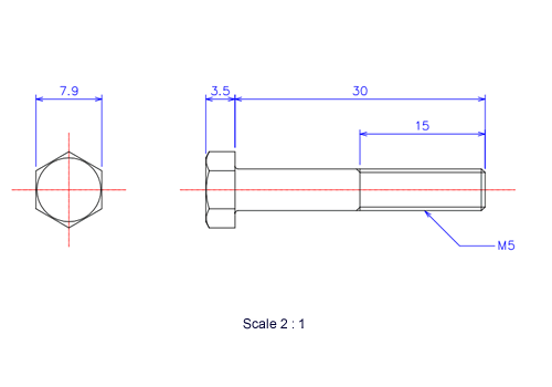 六角ボルトM5x30Lメートルタイプ（図面）