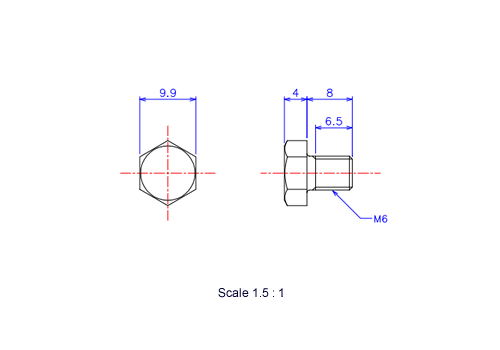 六角ボルトM6x8Lメートルタイプ（図面）