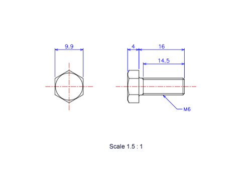 六角ボルトM6x16Lメートルタイプ（図面）