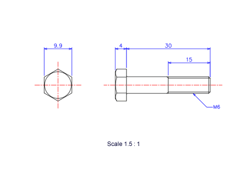 六角ボルトM6x30Lメートルタイプ（図面）
