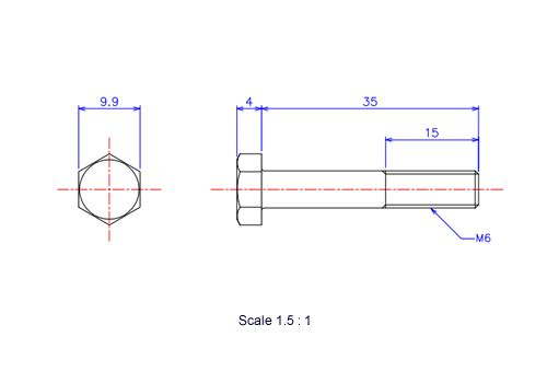 六角ボルトM6x35Lメートルタイプ（図面）