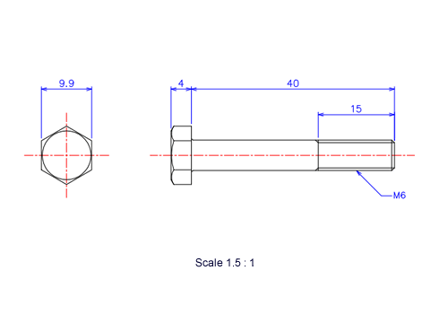 六角ボルトM6x40Lメートルタイプ（図面）