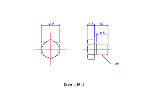 六角ボルトM8x10Lメートルタイプ（図面）