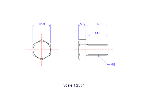 六角ボルトM8x16Lメートルタイプ（図面）