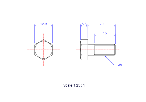 六角ボルトM8x20Lメートルタイプ（図面）