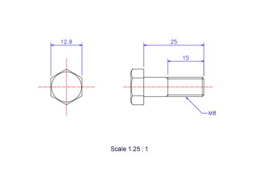 六角ボルトM8x25Lメートルタイプ（図面）