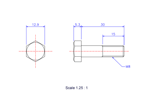 六角ボルトM8x30Lメートルタイプ（図面）
