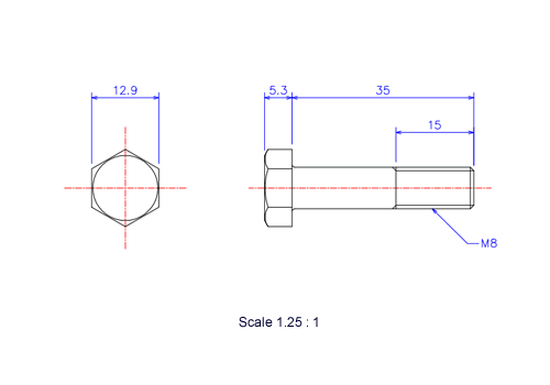六角ボルトM8x35Lメートルタイプ（図面）