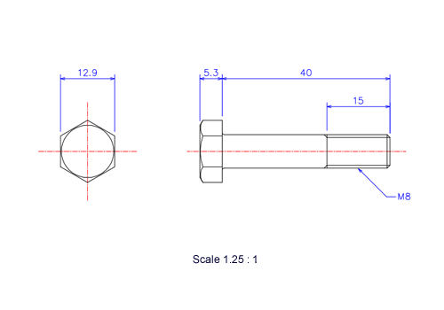 六角ボルトM8x40Lメートルタイプ（図面）