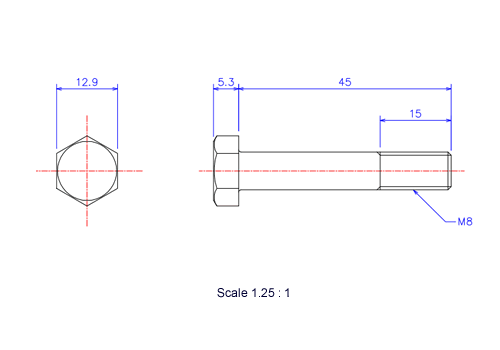 六角ボルトM8x45Lメートルタイプ（図面）