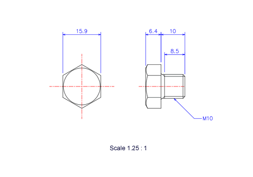 六角ボルトM10x10Lメートルタイプ（図面）