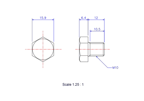 六角ボルトM10x12Lメートルタイプ（図面）