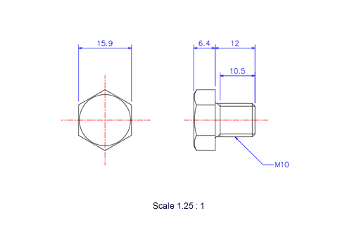 六角ボルトM10x12Lメートルタイプ(図面)