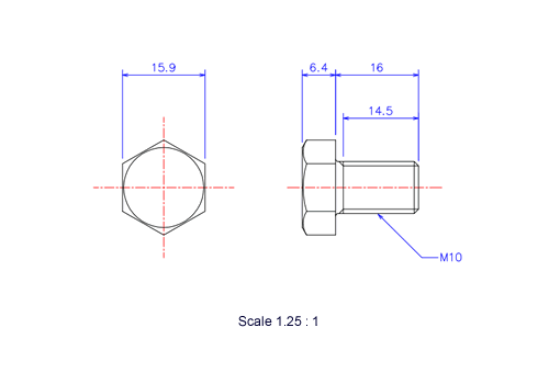 六角ボルトM10x16Lメートルタイプ（図面）