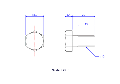 六角ボルトM10x20Lメートルタイプ（図面）
