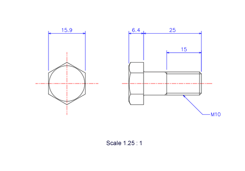 六角ボルトM10x25Lメートルタイプ（図面）