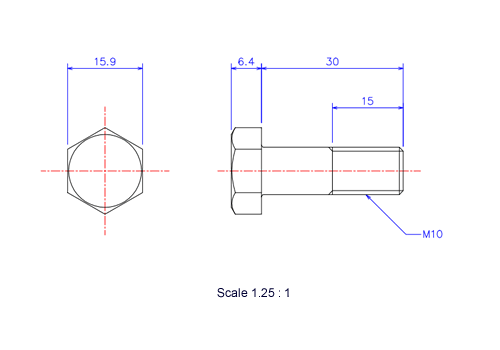 六角ボルトM10x30Lメートルタイプ（図面）