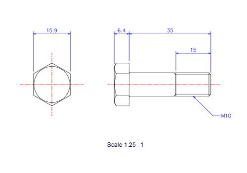 六角ボルトM10x35Lメートルタイプ（図面）
