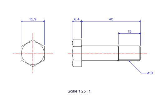 六角ボルトM10x40Lメートルタイプ（図面）