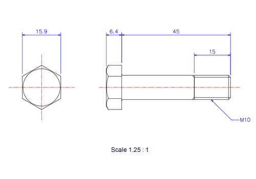 六角ボルトM10x45Lメートルタイプ（図面）