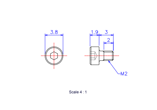 六角穴付ボルトM2x3Lメートルタイプ（図面）
