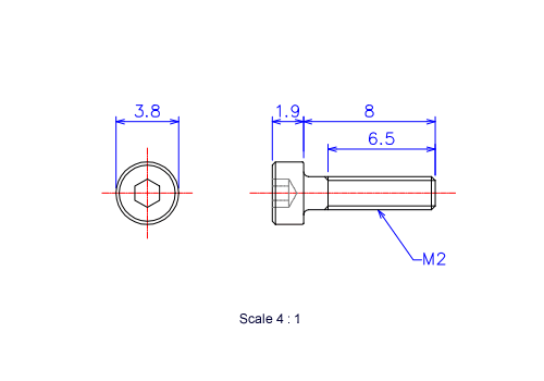 六角穴付ボルトM2x8Lメートルタイプ（図面）