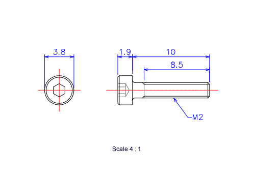 六角穴付ボルトM2x10Lメートルタイプ（図面）