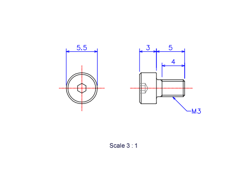 六角穴付ボルトM3x5Lメートルタイプ（図面）