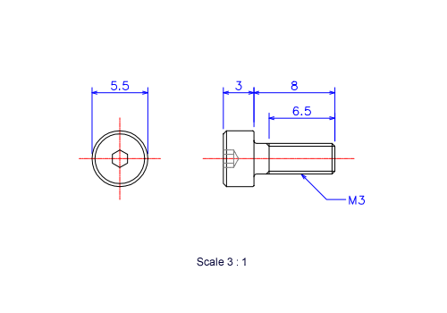 六角穴付ボルトM3x8Lメートルタイプ（図面）
