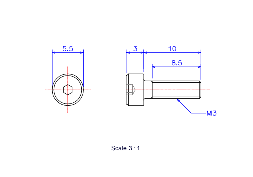 六角穴付ボルトM3x10Lメートルタイプ（図面）