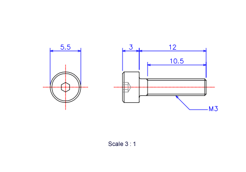 六角穴付ボルトM3x12Lメートルタイプ（図面）