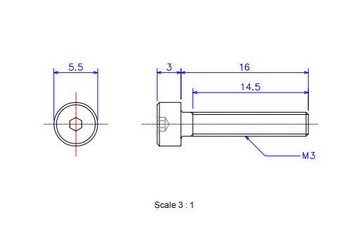 六角穴付ボルトM3x16Lメートルタイプ（図面）