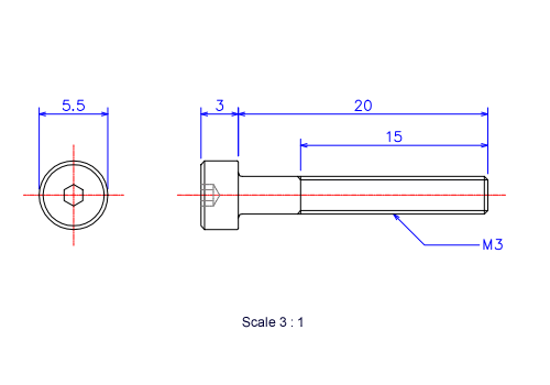 六角穴付ボルトM3x20Lメートルタイプ（図面）