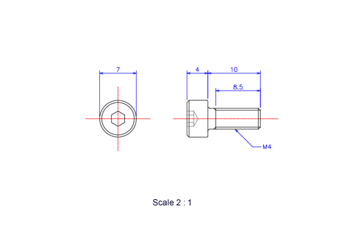 六角穴付ボルトM4x10Lメートルタイプ（図面）