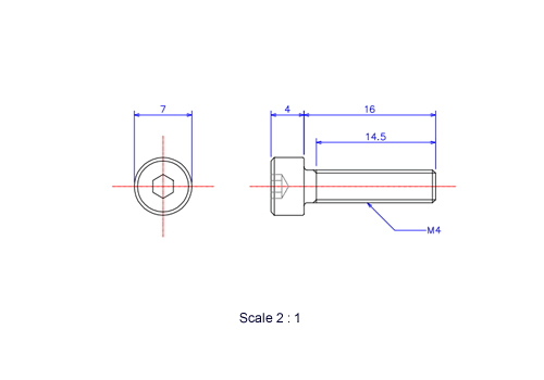 六角穴付ボルトM4x16Lメートルタイプ（図面）
