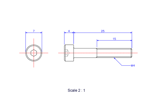 六角穴付ボルトM4x25Lメートルタイプ（図面）