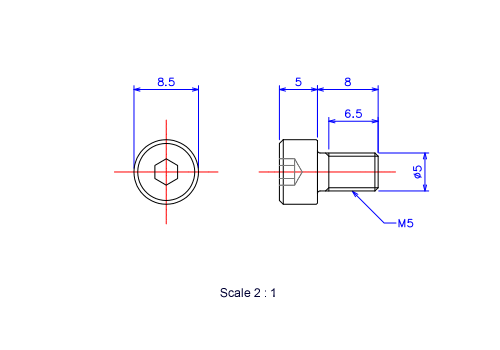 六角穴付ボルトM5x8Lメートルタイプ（図面）