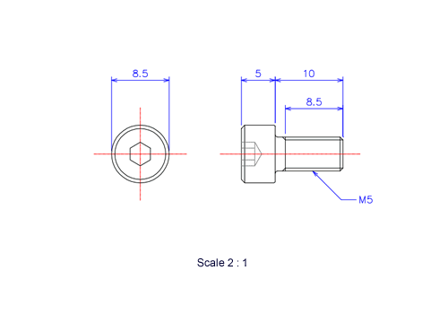 六角穴付ボルトM5x10Lメートルタイプ（図面）