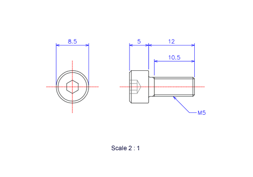 六角穴付ボルトM5x12Lメートルタイプ（図面）