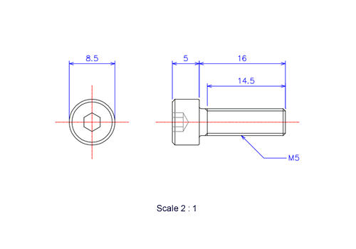 六角穴付ボルトM5x16Lメートルタイプ（図面）