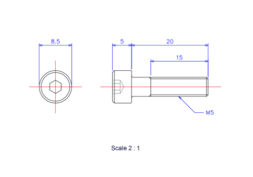 六角穴付ボルトM5x20Lメートルタイプ（図面）