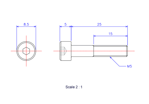六角穴付ボルトM5x25Lメートルタイプ（図面）