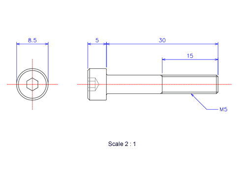 六角穴付ボルトM5x30Lメートルタイプ（図面）